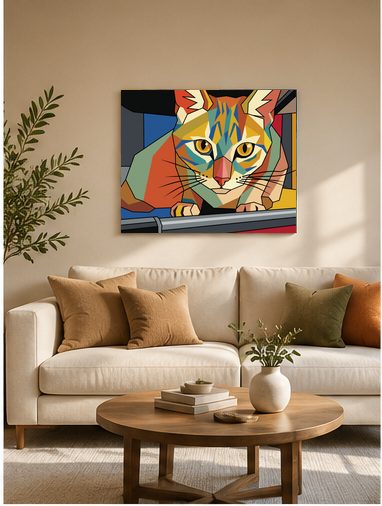 A finished PicaToi canvas hanging in a living room